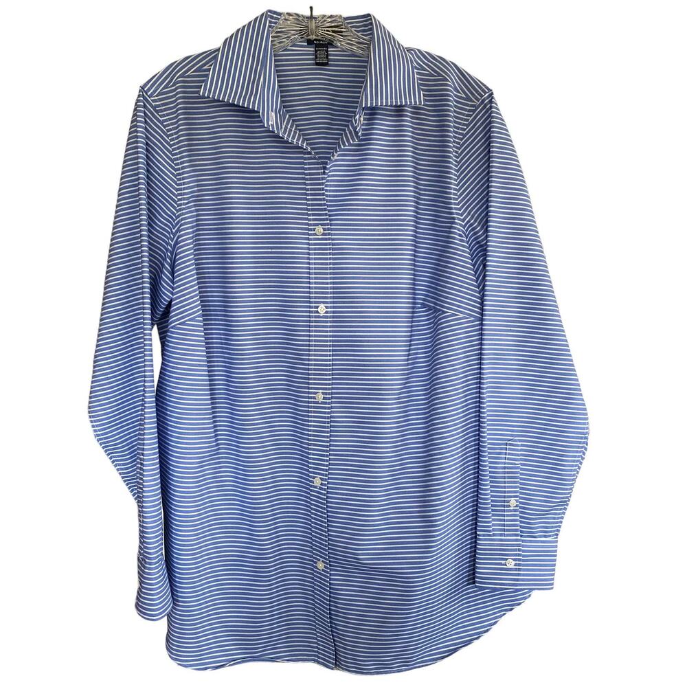 CHAPS Women's Size 1X No-Iron Blouse Blue White Stripes Button Down Shirt